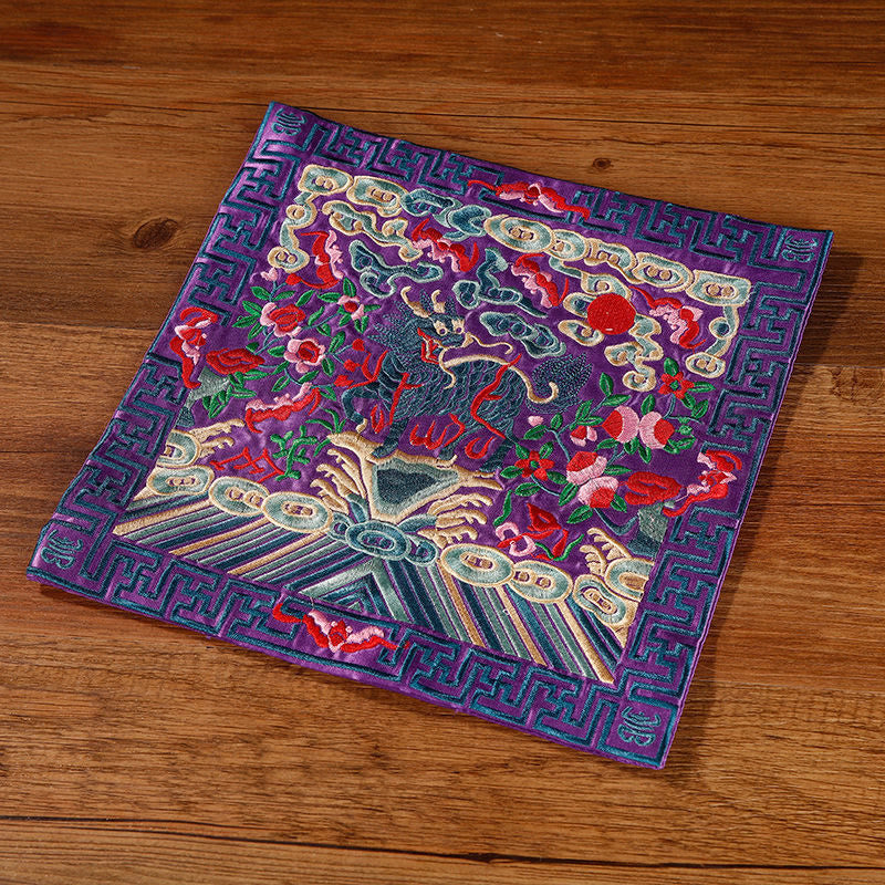 Buddha Stones Crane Phoenix Dragon Kirin Embroidered Cup Mat Pad Tea Cup Coaster Square Kung Fu Tea Mat Tea Mat BS Purple Kirin