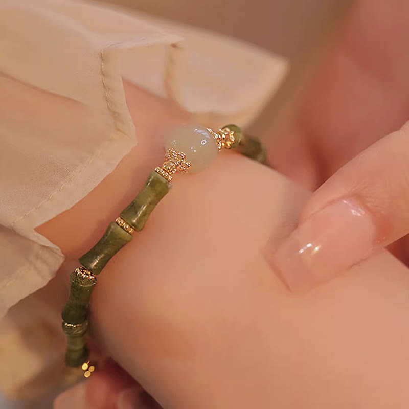 Buddha Stones 14K Copper Plated Peridot Hetian Jade Bamboo Pattern Luck Bracelet Bracelet BS 6