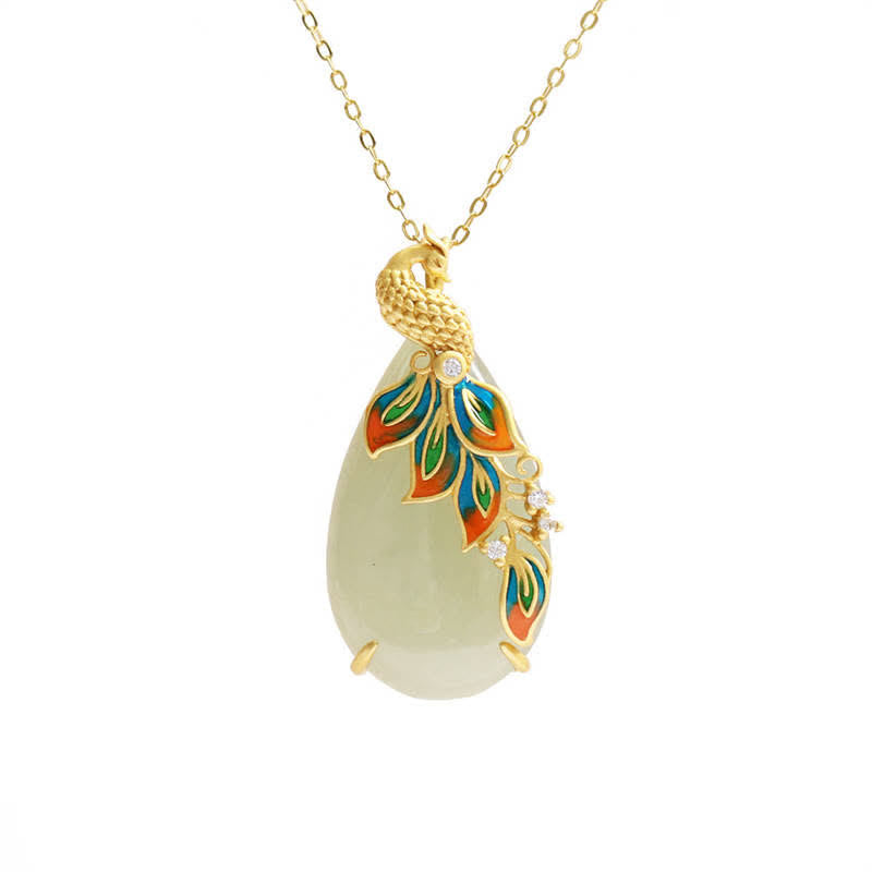 Buddha Stones White Jade Peacock Protection Necklace Chain Pendant Necklaces & Pendants BS 3