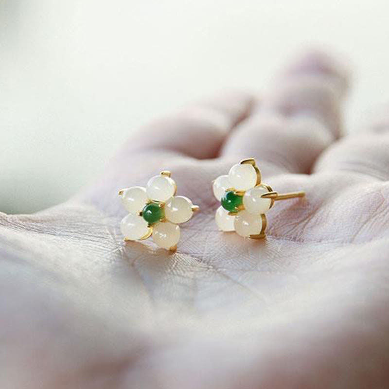 Buddha Stones White Jade Flower Luck Blessing Stud Earrings Earrings BS 5