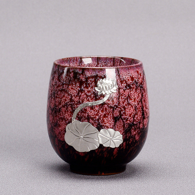 Buddha Stones Silver Lotus Flower Leaf Chinese Jianzhan Ceramic Teacup Kung Fu Tea Cup 150ml Jian Zhan Tea Cup BS Purple 6cm*7.5cm*150ml