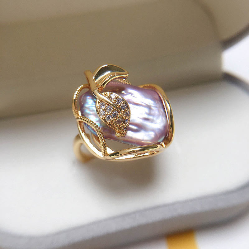 Buddha Stones Pearl Copper Plated Gold Flower Happiness Wealth Ring Ring BS Purple(Adjustable) With Box