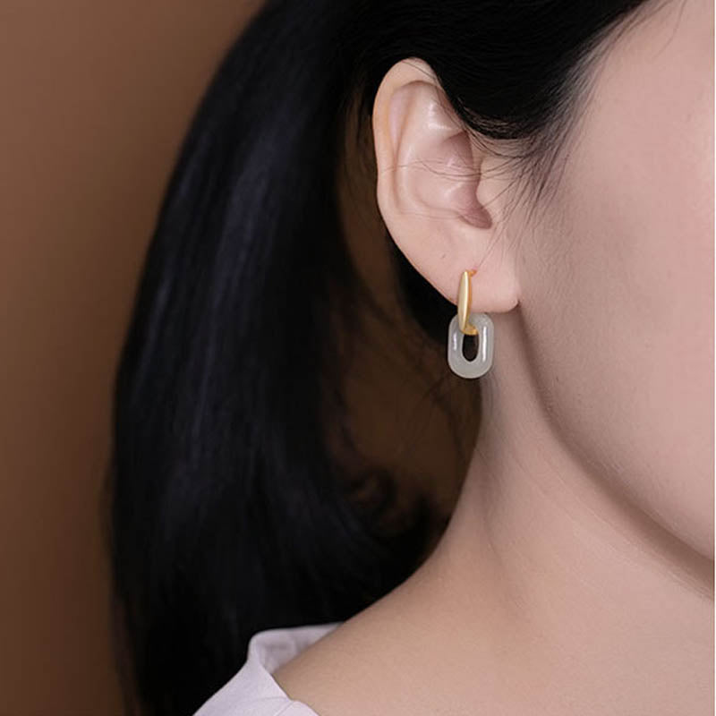 Buddha Stones 925 Sterling Silver Round White Jade Happiness Blessing Earrings Earrings BS 4