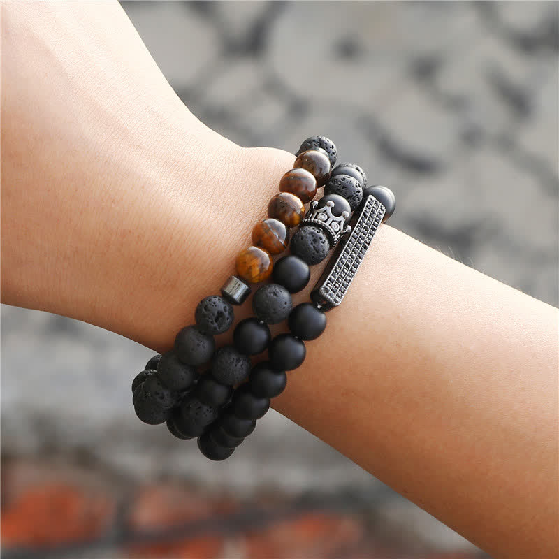 Buddha Stones 3Pcs Frosted Stone Lava Rock Tiger Eye Activate Bracelet Bracelet BS 3
