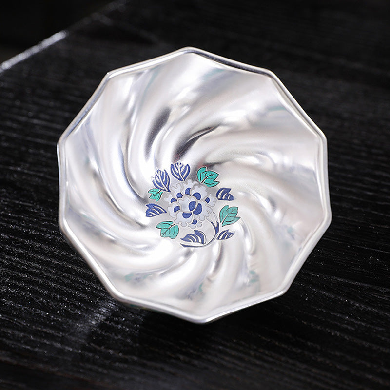 Buddha Stones 999 Sterling Silver Gilding Chrysanthemum Flowers Ceramic Teacup Kung Fu Tea Cup Cup BS 8