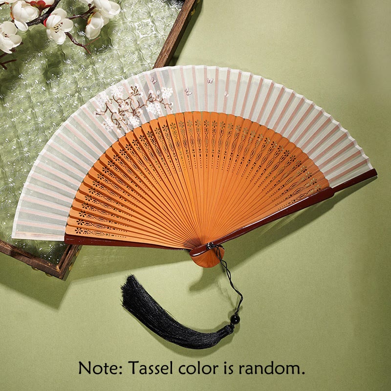 Buddha Stones Ancient Flowers Branches Handheld Bamboo Folding Fan 21cm Folding Fan BS Flower Orange Fan 21cm