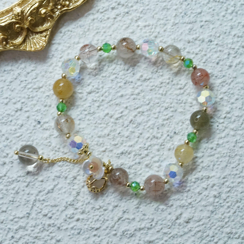 Buddha Stones Strawberry Quartz Rutilated Quartz Fluorite Flower Healing Bracelet Bracelet BS 18
