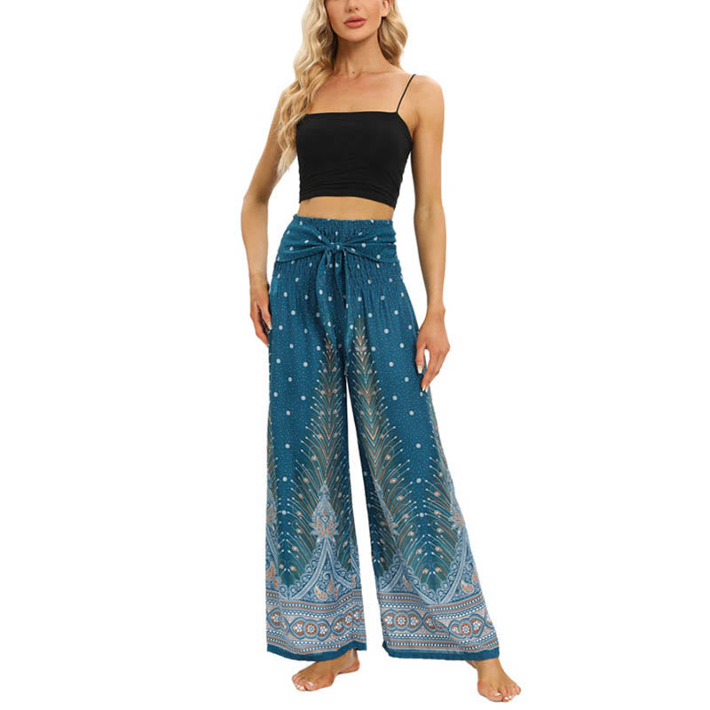Buddha Stones Boho Peacock Feathers Lace-up Wide Leg Pants Women's Yoga Pants Women's Wide Leg Pants BS 15