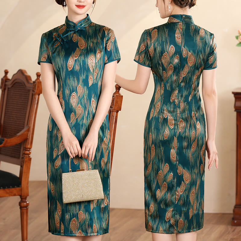 Buddha Stones Retro Flower Lotus Peony Feather Print Qipao Dress Women's Cheongsam Dress - Green Feather - US16,UK/AU20,EU48 (5XL) - image 19
