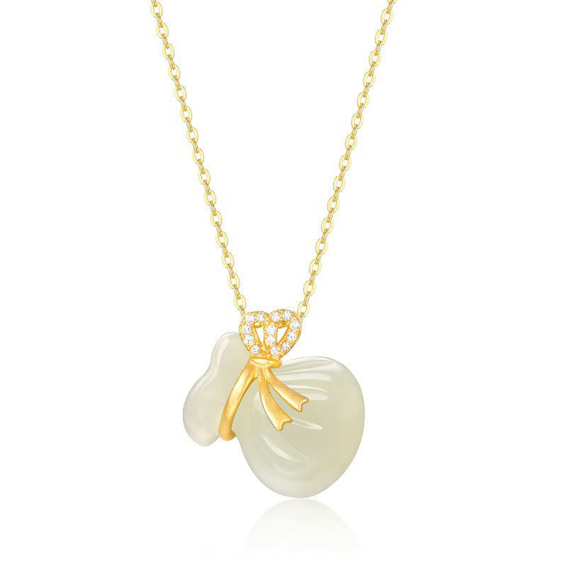 Buddha Stones Natural Hetian White Jade Luck Money Bag Necklace Pendant Necklaces & Pendants BS 4