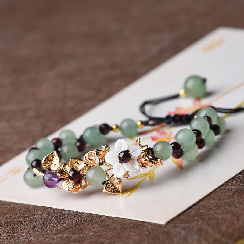 Buddha Stones Green Aventurine Garnet Bead Flower Petal Luck Bracelet Bracelet BS Green Aventurine White Flower
