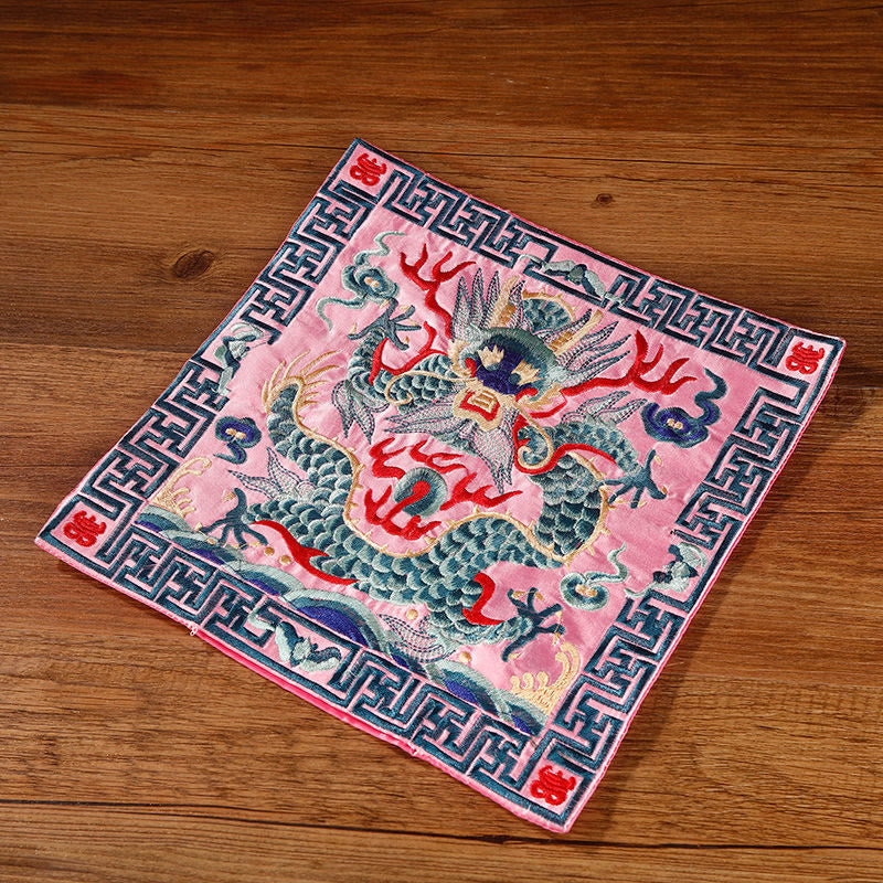 Buddha Stones Crane Phoenix Dragon Kirin Embroidered Cup Mat Pad Tea Cup Coaster Square Kung Fu Tea Mat Tea Mat BS Pink Dragon