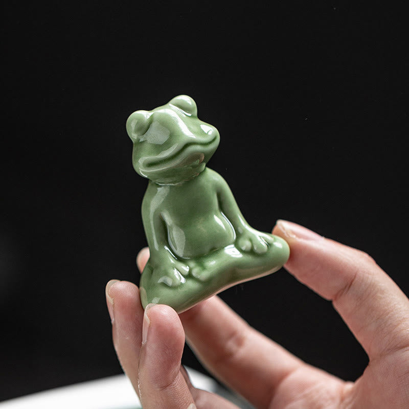 Buddha Stones Mini Small Meditation Lotus Resting Frog Ceramic Wealth Luck Home Tea Pet Figurine Decoration Decorations BS 4
