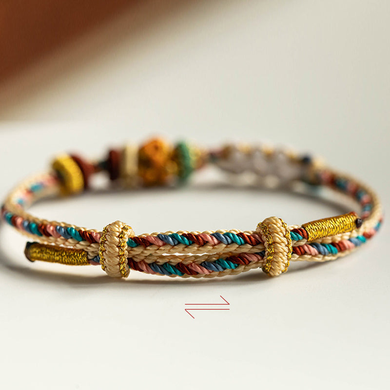 Buddha Stones Handmade Dunhuang Color Peach Blossom Pattern Braid String Bracelet Bracelet BS 10