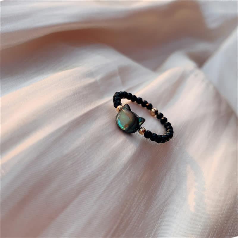 Buddha Stones Natural Tridacna Stone Lovely Cat 14K Gold Blessing Ring Rings BS 7