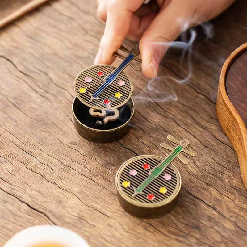 Buddha Stones Small Mini Gourd Fan Pipa Copper Alloy Incense Burner Decoration With Incense Incense Burner BS 11