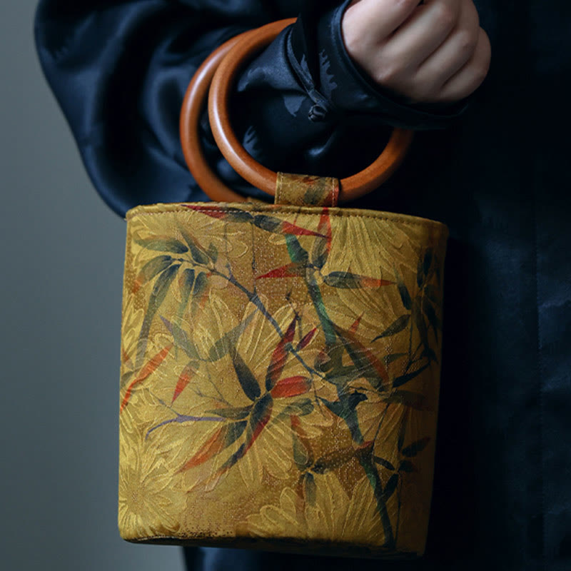 Buddha Stones Bamboo Leaf Butterfly Cherry Blossom Persimmon Wood Handle Handbag Handbags BS 7