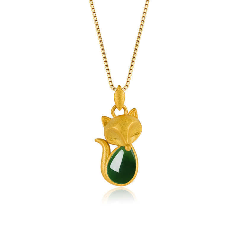 Buddha Stones Green Chalcedony Fox Pattern Courage Necklace Pendant Necklaces & Pendants BS 8