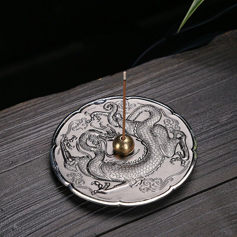 Buddha Stones Round Auspicious Dragon Protection Copper Alloy Stick Incense Burner Decoration Incense Burner BS Dark Green Dragon 9.2*1.2cm
