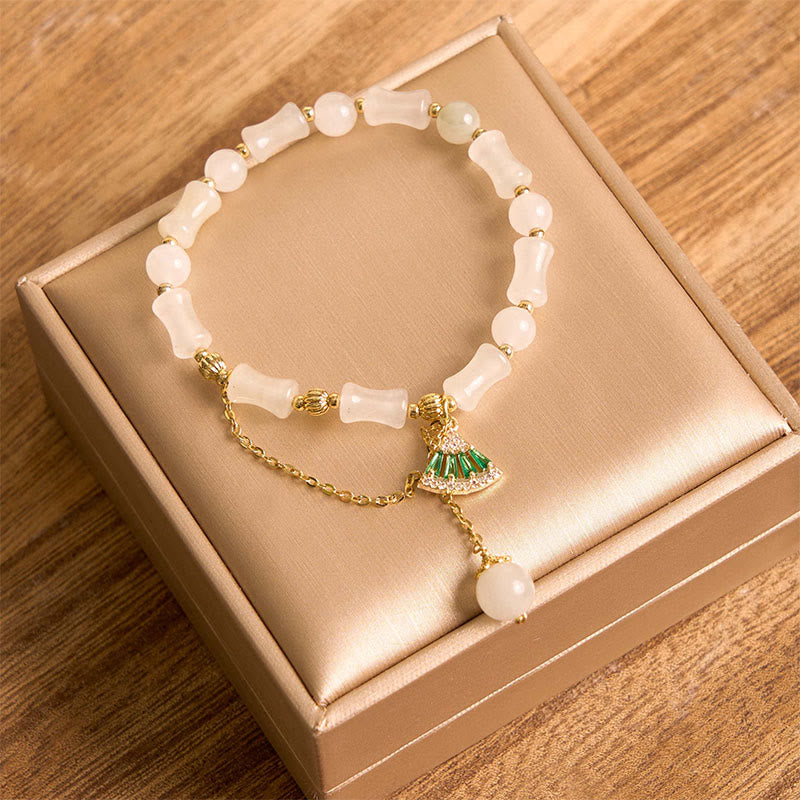 Buddha Stones Tianshan White Jade Bamboo Pattern Luck Blessing Bracelet 2