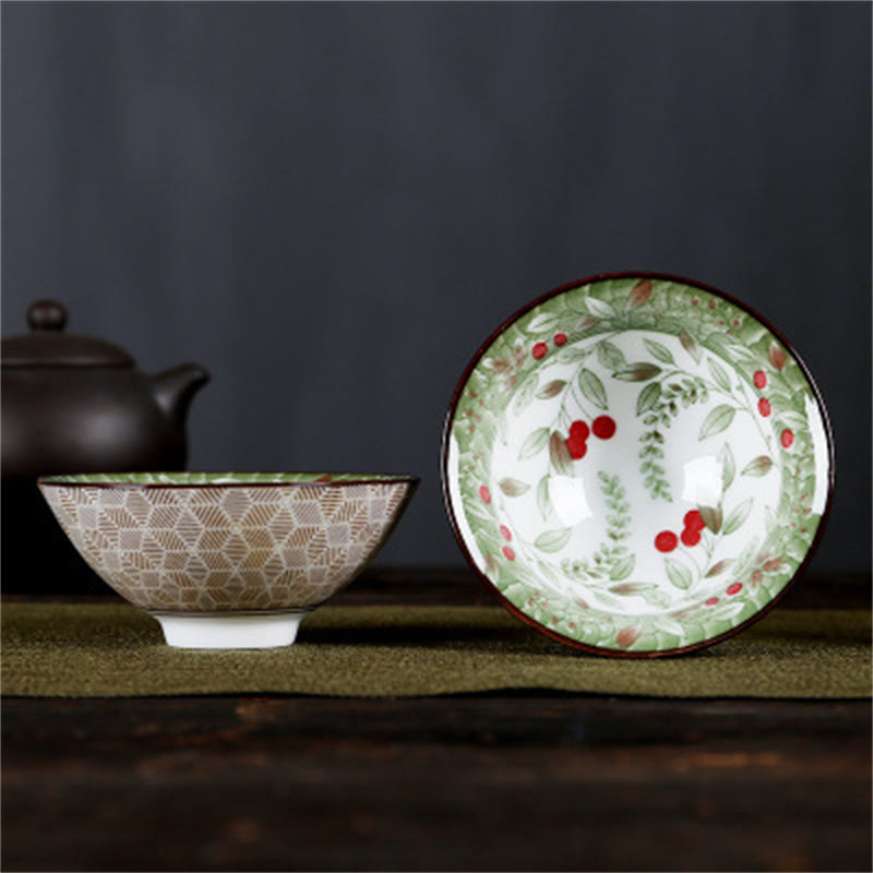 Buddha Stones Flowers Fu Character Mountains Lotus Cherry Blossoms Ceramic Teacup Kung Fu Tea Cup Cup BS Red Cherry Green Branches 8.5cm*4cm*90ml