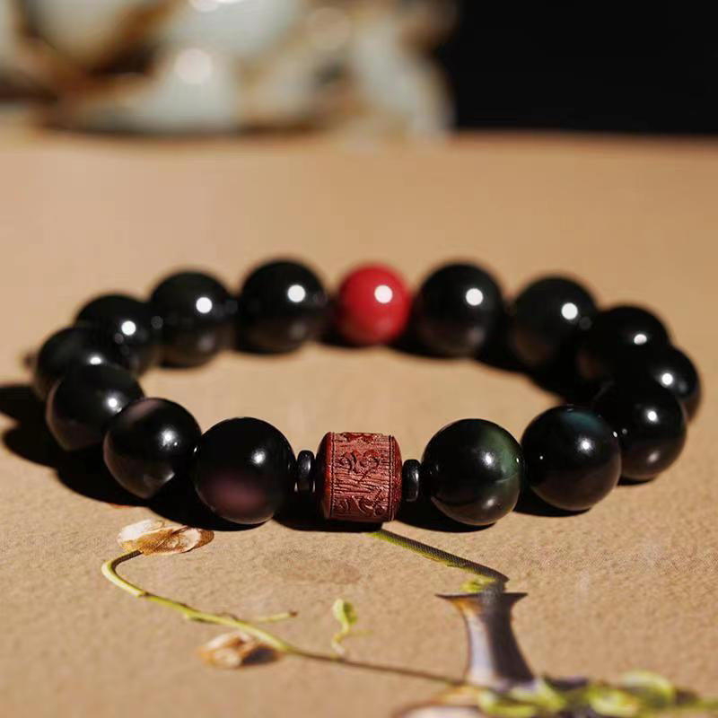 Buddha Stones Natural Gold Sheen Obsidian Rainbow Obsidian Om Mani Padme Hum Fu Character Healing Bracelet Bracelet BS 12mm Rainbow Obsidian Cinnabar Om Mani Padme Hum(Wrist Circumference 14-16cm)