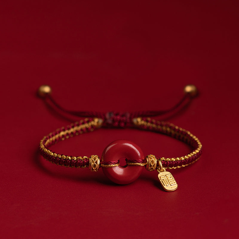 Buddha Stones Natural Cinnabar Peace Buckle Fu Character Charm Blessing Braided Bracelet Bracelet BS 15mm Peace Buckle(Wrist Circumference 14-18cm)