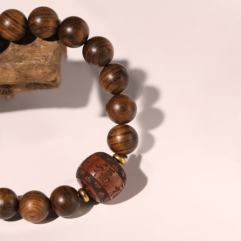 Buddha Stones Rosewood Auspicious Clouds Totem Fu Character Bamboo Pattern Warmth Bracelet Bracelet BS 13