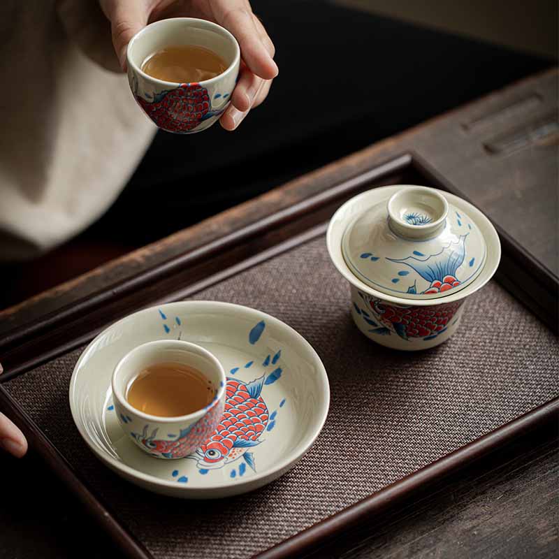 Buddha Stones Koi Fish Arowana Ceramic Gaiwan Sancai Teacup Kung Fu Tea Cup With Lid 130ml Cup BS 11