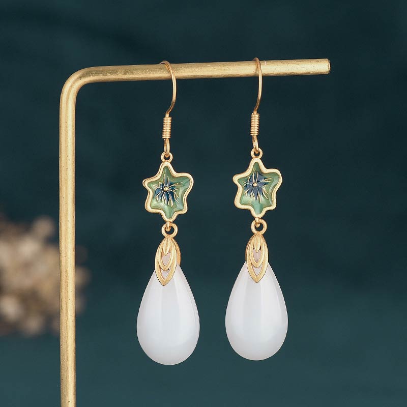 Buddha Stones FengShui White Jade Luck Drop Earrings Earrings BS 4