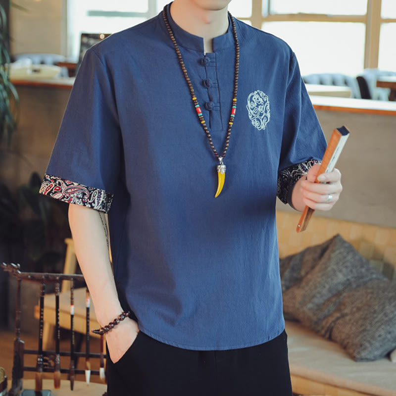 Buddha Stones Frog-Button Dragon Embroidery Chinese Tang Suit Short Sleeve Shirt Linen Men Clothing Men's Shirts BS 37