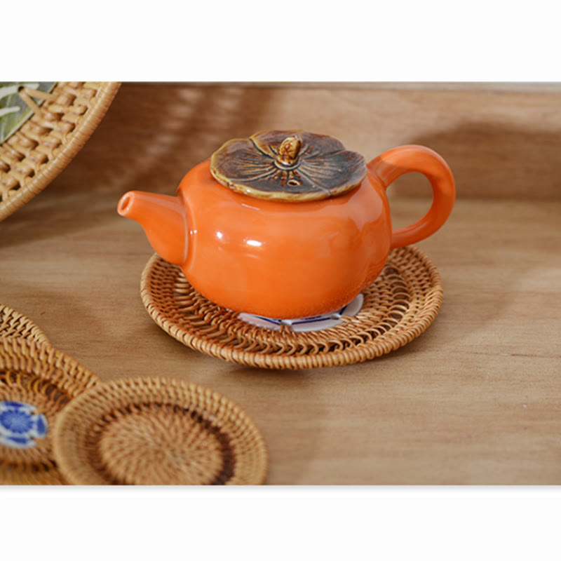 Buddha Stones Ceramic Flower Pattern Rattan Cup Mat Tea Cup Coaster Decorations BS 20