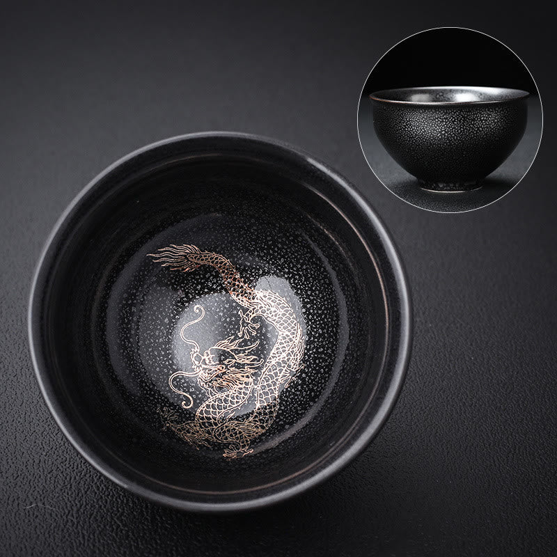Buddha Stones Gold Leaf Chinese Jianzhan Dragon Phoenix Lotus Avalokitesvara Koi Fish Ceramic Teacup Tenmoku Kung Fu Tea Cup Bowl - image 1