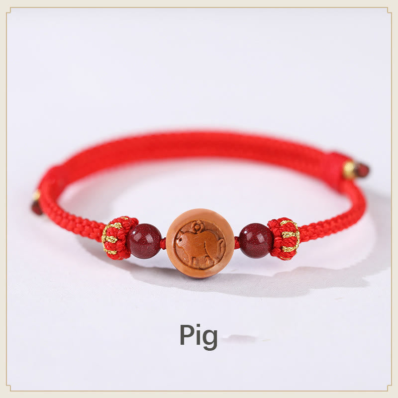 Buddha Stones Natural Peach Wood Chinese Zodiac Fu Character Carved Cinnabar Wealth Bracelet Bracelet BS Pig-Red(Wrist Circumference 14-22cm)
