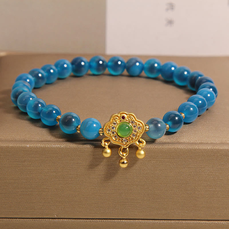 Buddha Stones Blue Candy Agate Chinese Lock Charm Healing Bracelet Bracelet BS Blue Candy Agate(Wrist Circumference 14-16cm)