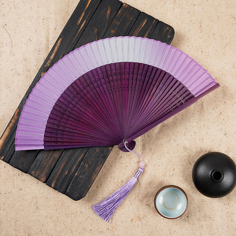 Buddha Stones Solid Color Gradient Hollow Engraved Handheld Bamboo Folding Fan Folding Fan BS Purple Gradient 21.5cm