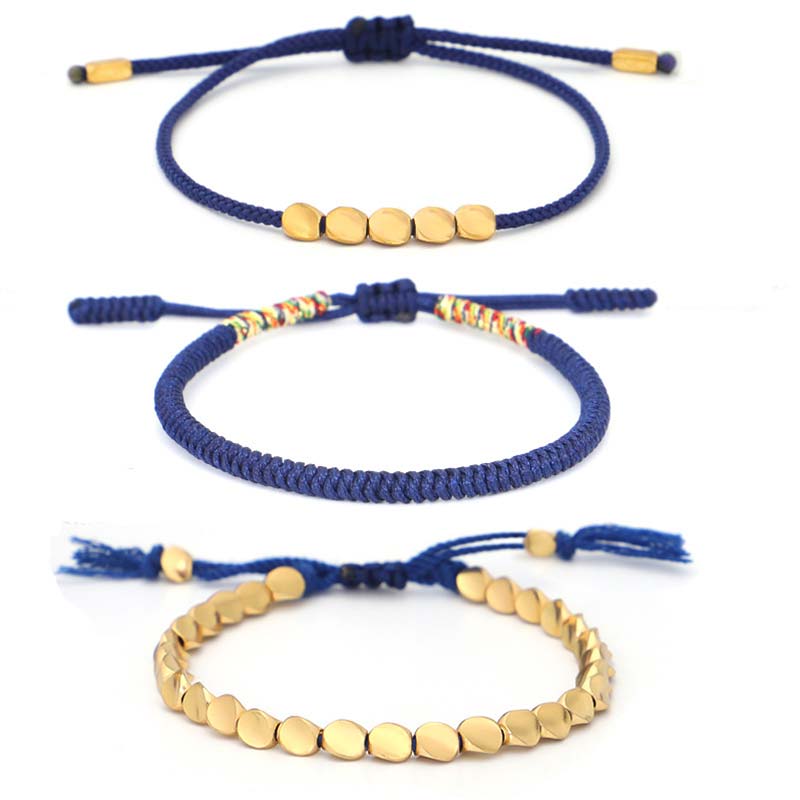 Buddha Stones 3 PCS Tibetan Copper Beads Healing Protection Luck Bracelet Set Bracelet BS 3