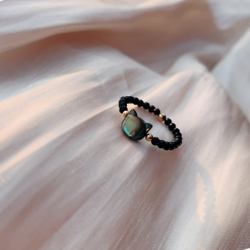Buddha Stones Natural Tridacna Stone Lovely Cat 14K Gold Blessing Ring Rings BS Black