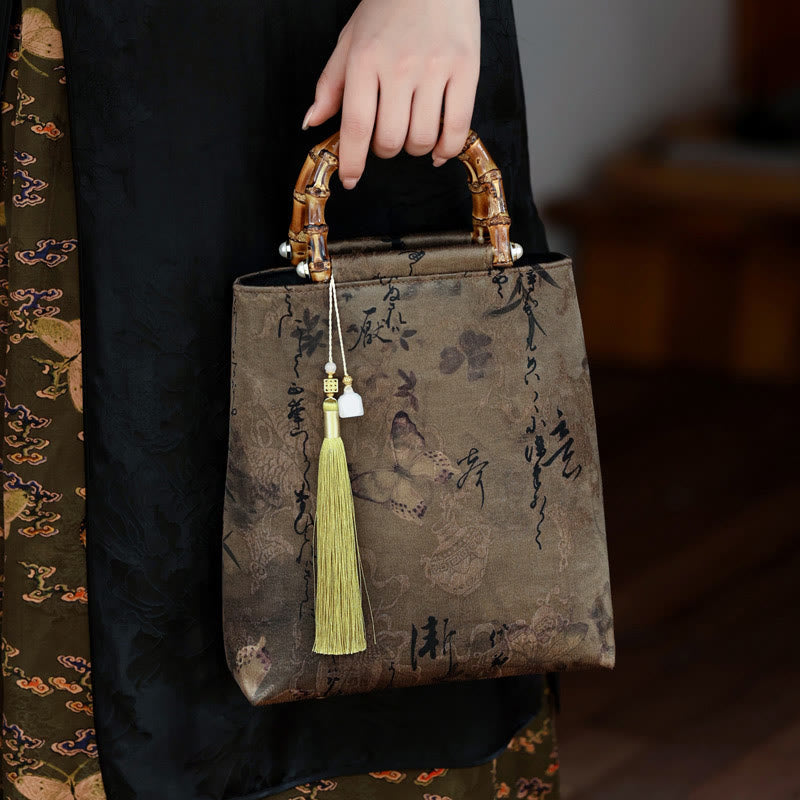 Buddha Stones Bamboo Leaves Butterfly Koi Fish Bamboo Handles Handbag Handbags BS Khaki Butterfly Koi Fish 23*25*8.5cm