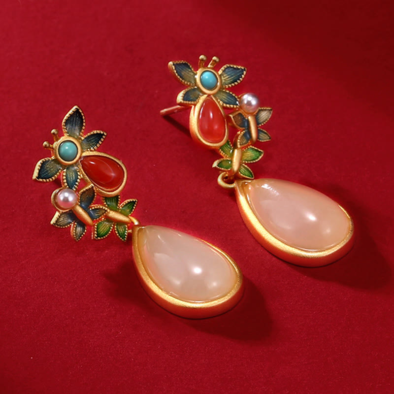 Buddha Stones Water Drop White Jade Red Agate Butterfly Protection Drop Dangle Earrings Earrings BS 5