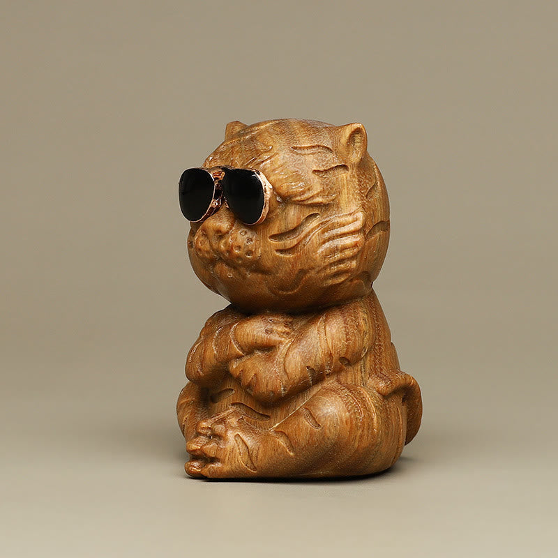 Buddha Stones Small Green Sandalwood Tiger Engraved Positive Desk Decorations Decorations BS 3