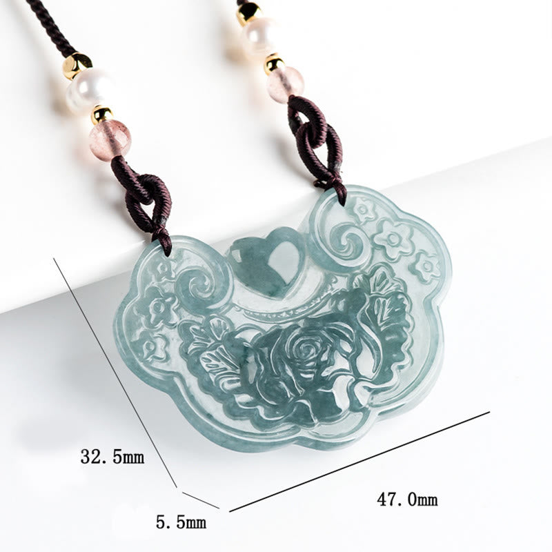 Buddha Stones Natural Jade Peony Flower Lock of Good Wishes Prosperity Necklace Pendant Necklaces & Pendants BS 8