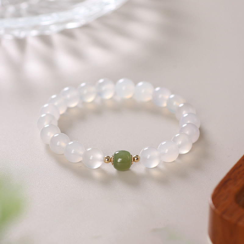 Buddha Stones Natural White Agate Jade Luck Bracelet Bracelet BS White Agate Jade(Wrist Circumference 14-16cm)