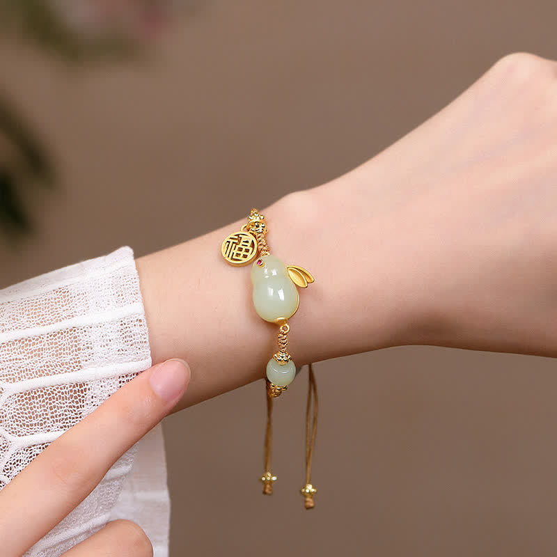 Buddha Stones Year of the Rabbit Hetian Jade Happiness Blessing Wealth String Bracelet Bracelet BS 3