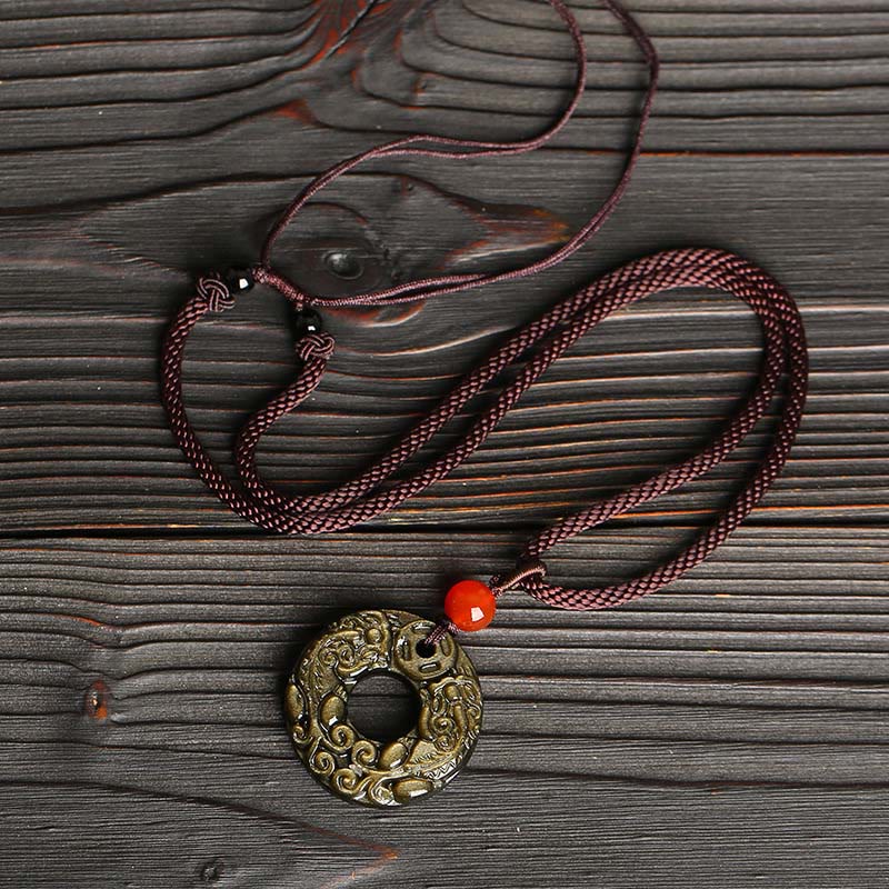 Buddha Stones Gold Sheen Obsidian Peace Buckle Pixiu Copper Coin Wealth Necklace Pendant Necklaces & Pendants BS 3
