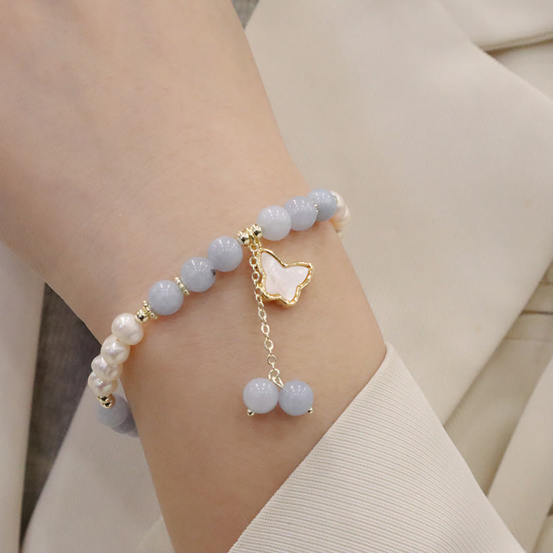 Buddha Stones Natural Aquamarine Pearl Healing Ginkgo Leaf Butterfly Charm Bracelet Bracelet BS Pearl Aquamarine Butterfly(Wrist Circumference 12-14cm)