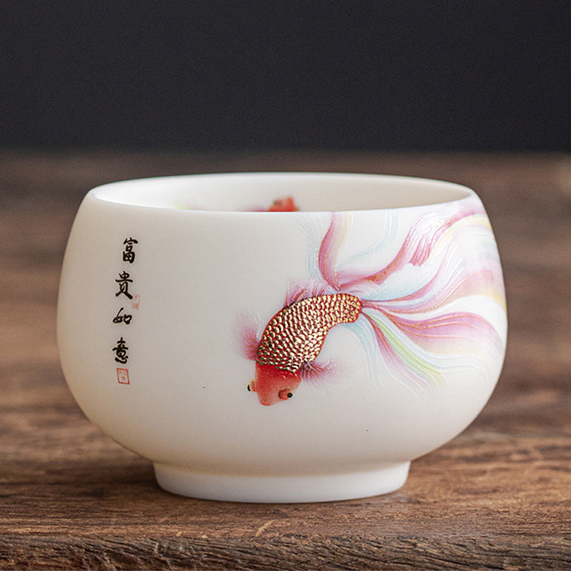 Buddha Stones Koi Fish White Porcelain Ceramic Teacup Kung Fu Tea Cup Cup BS Koi Fish 8.7cm*5.8cm*200ml