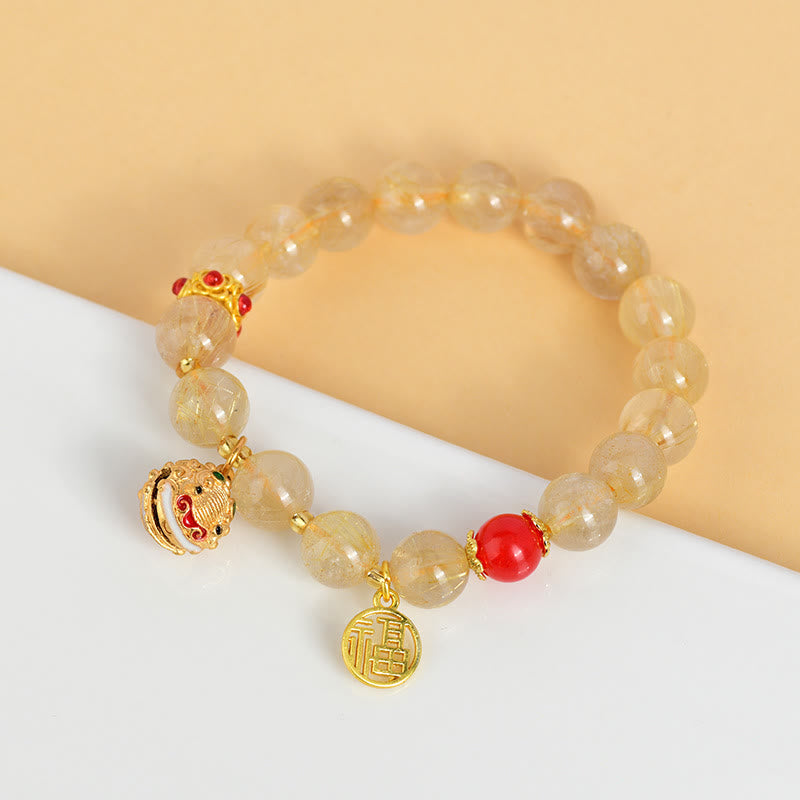 Buddha Stones Natural Golden Rutilated Quartz Fu Character Charm Bell Wealth Bracelet Bracelet BS 3