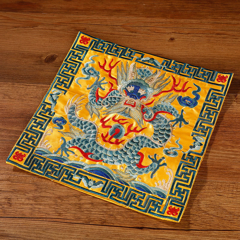Buddha Stones Crane Phoenix Dragon Kirin Embroidered Cup Mat Pad Tea Cup Coaster Square Kung Fu Tea Mat Tea Mat BS Yellow Green Dragon