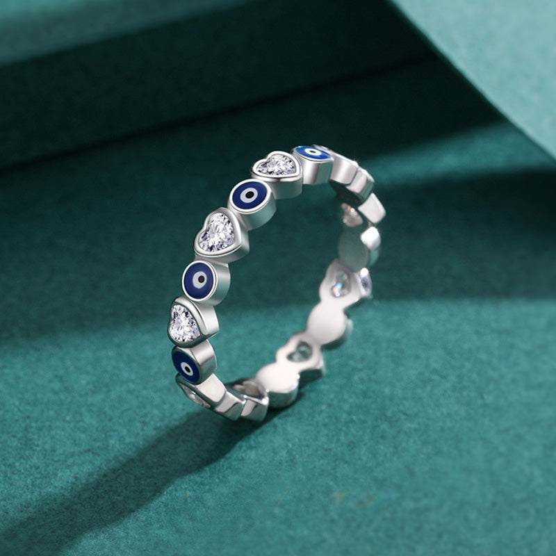 Buddha Stones 925 Sterling Silver Evil Eye Love Heart Zircon Blessing Ring Ring BS 1